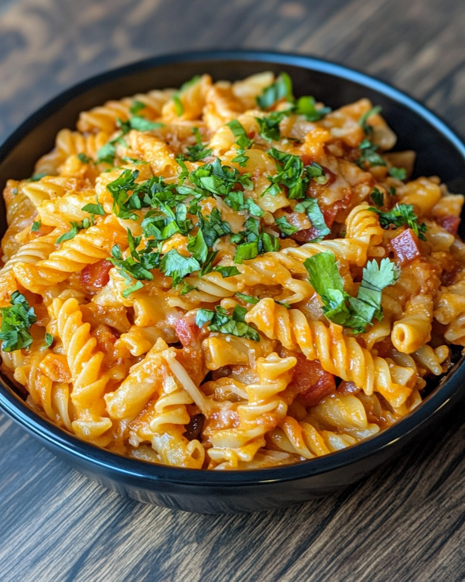 Freshly prepared Rotel pasta bake in baking dish