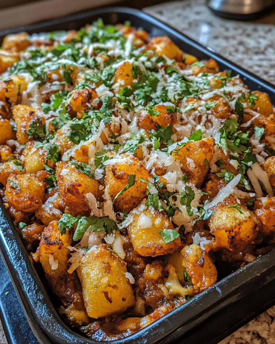 Finished keema topped with crispy tater tots and garnished with cilantro