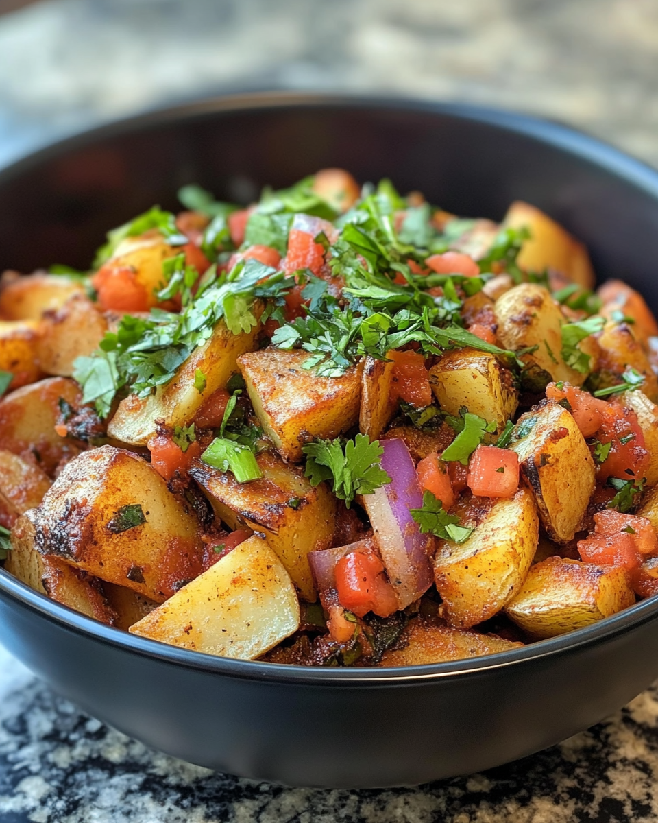 Mexican style street potatoes in a skillet
