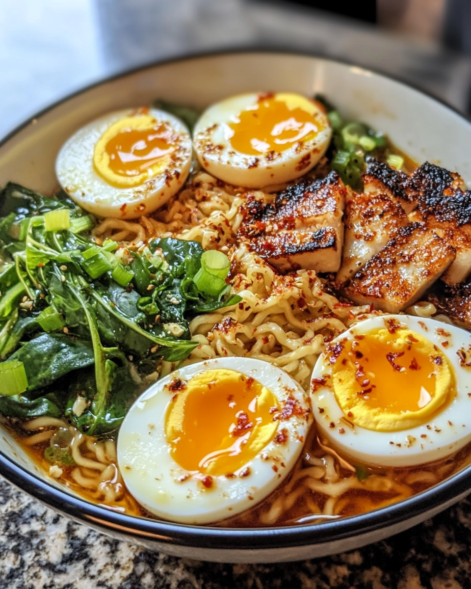 Soft boiled eggs and fresh scallions topping mushroom miso ramen