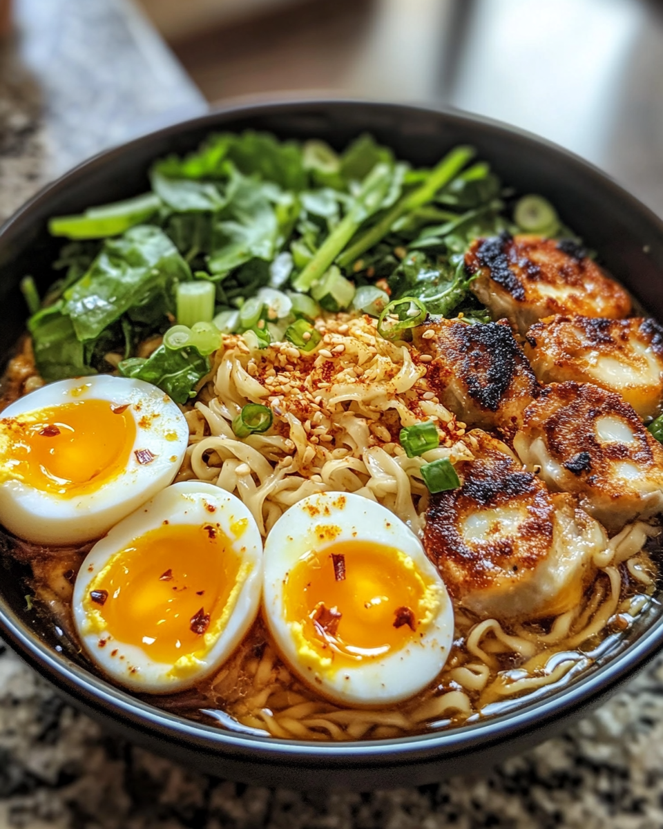 Close-up of comforting mushroom miso ramen with soft boiled egg and ramen noodles