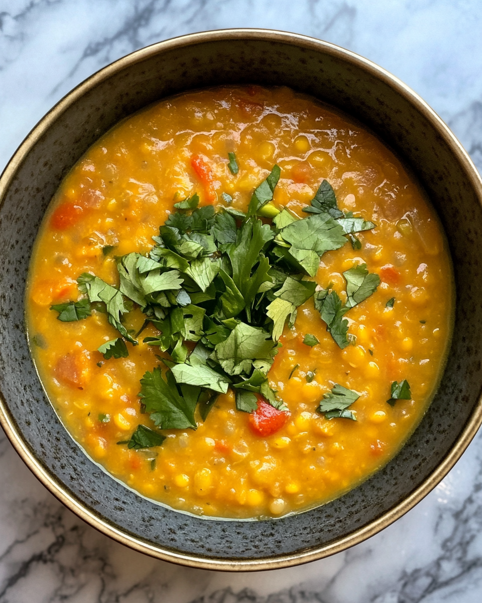 Bowl of creamy Thai coconut red lentil soup ready to eat