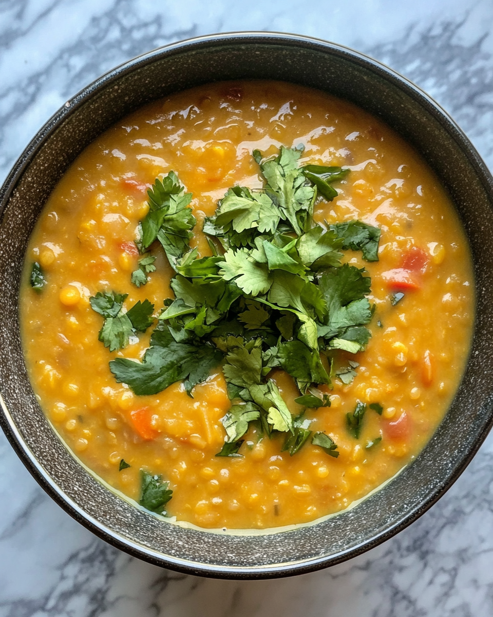 Bowl of Thai coconut red lentil soup on a cozy night