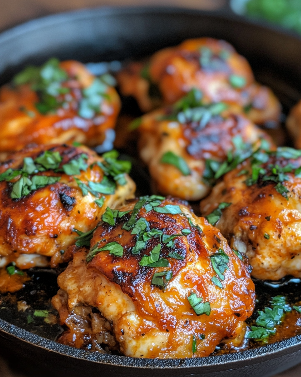 Chicken thighs searing in a skillet