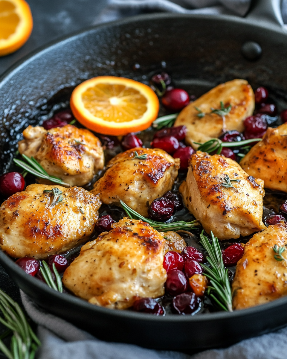 Skillet with cranberry orange chicken and sauce bubbling