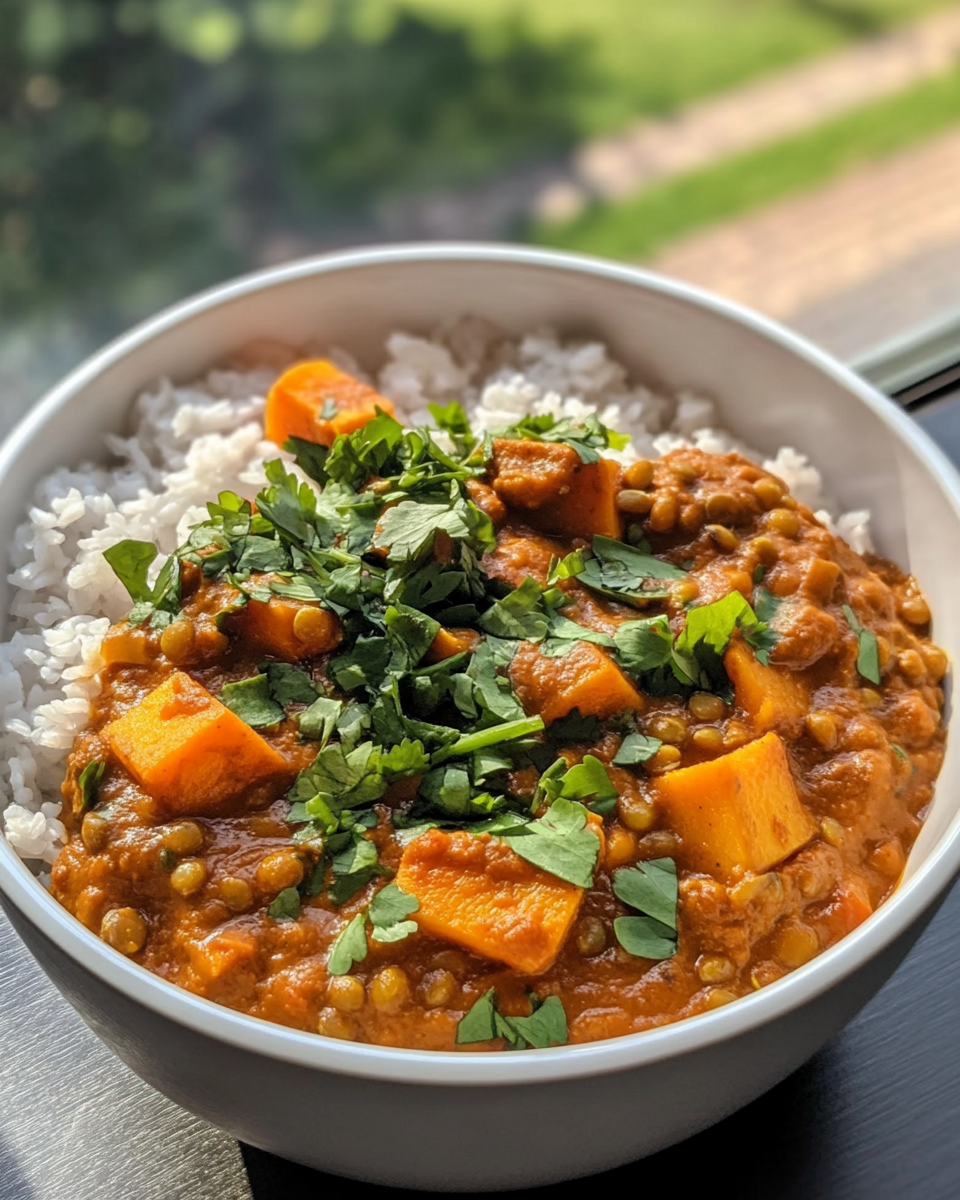 Cooking process of slow cooker tikka masala with sweet potato and lentils