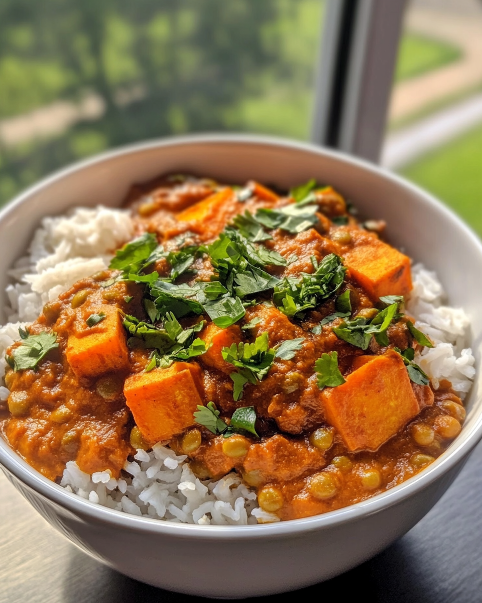 Finished slow cooker sweet potato and lentil tikka masala vegan meal