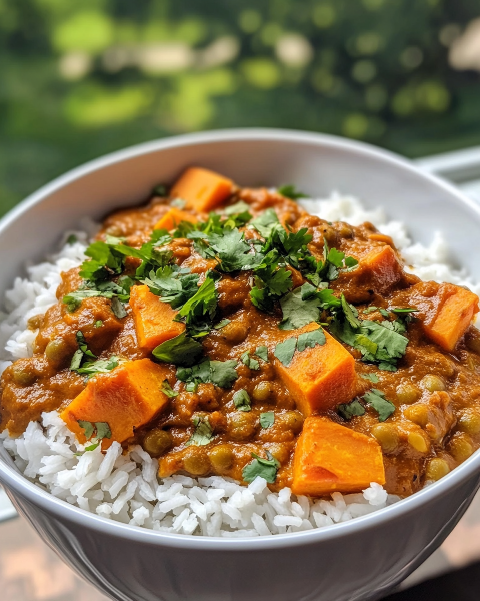 Slow cooker sweet potato and lentil tikka masala vegan dish