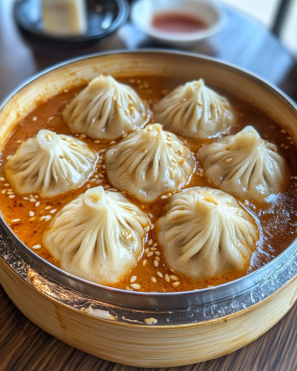 Plated creamy gochujang soup with noodles and toppings