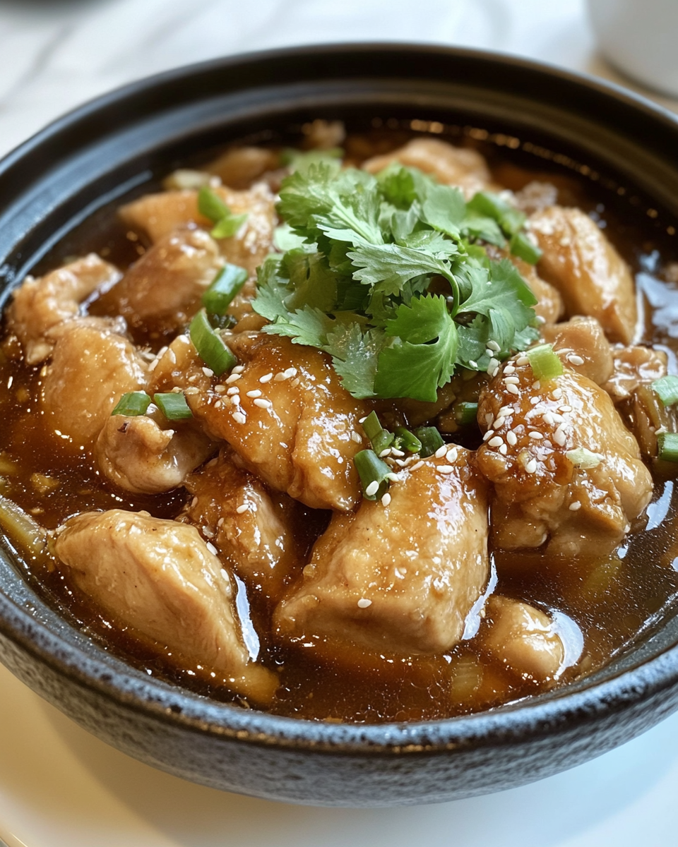Sticky glazed soy chicken close-up