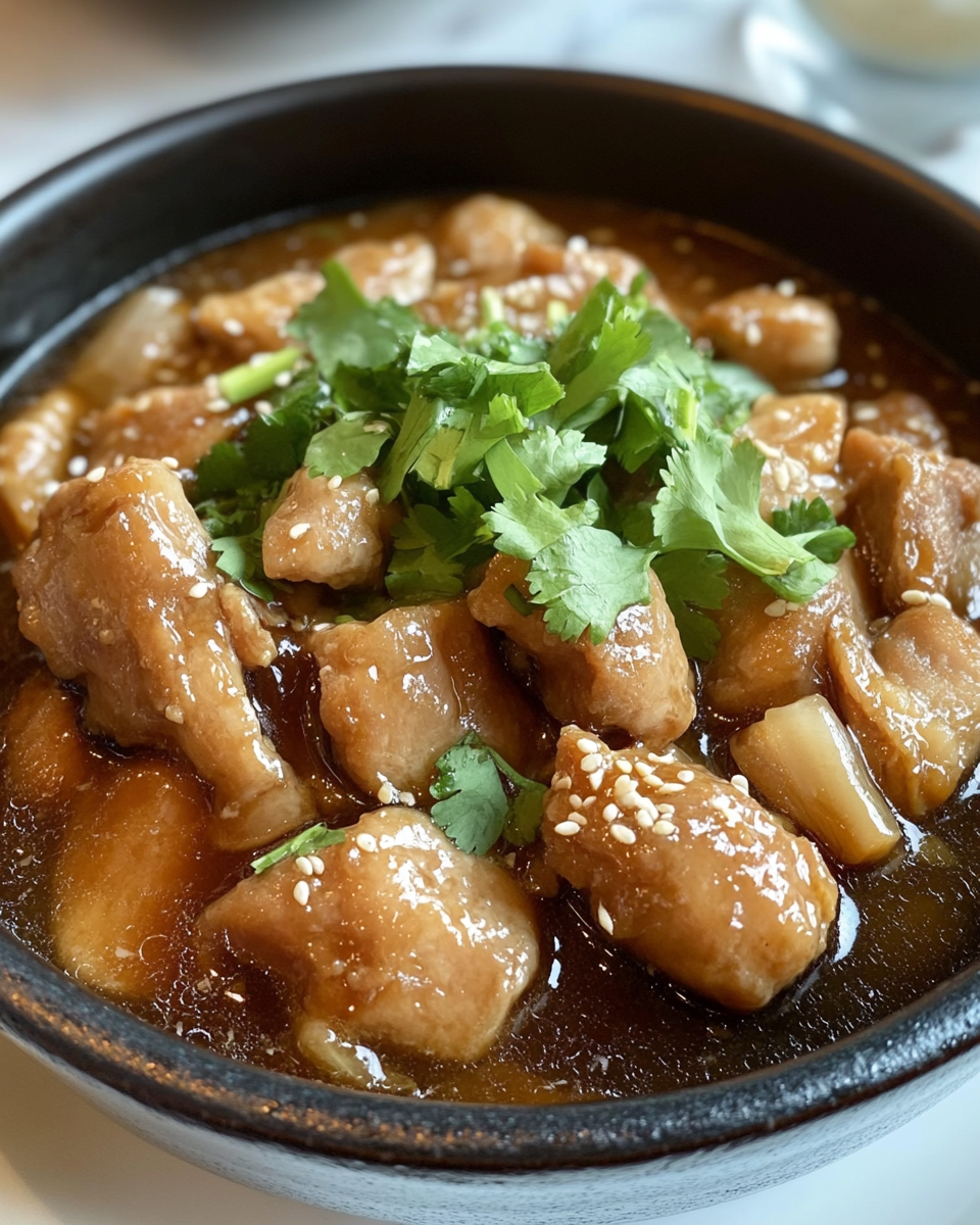 Finished glazed soy chicken with sesame and green onions