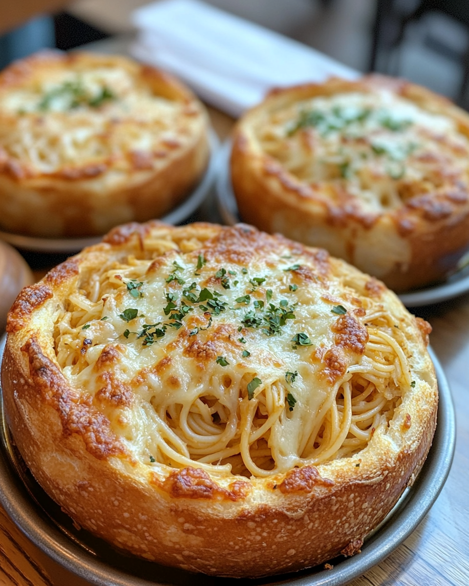 Finished garlic bread pasta served in bowl
