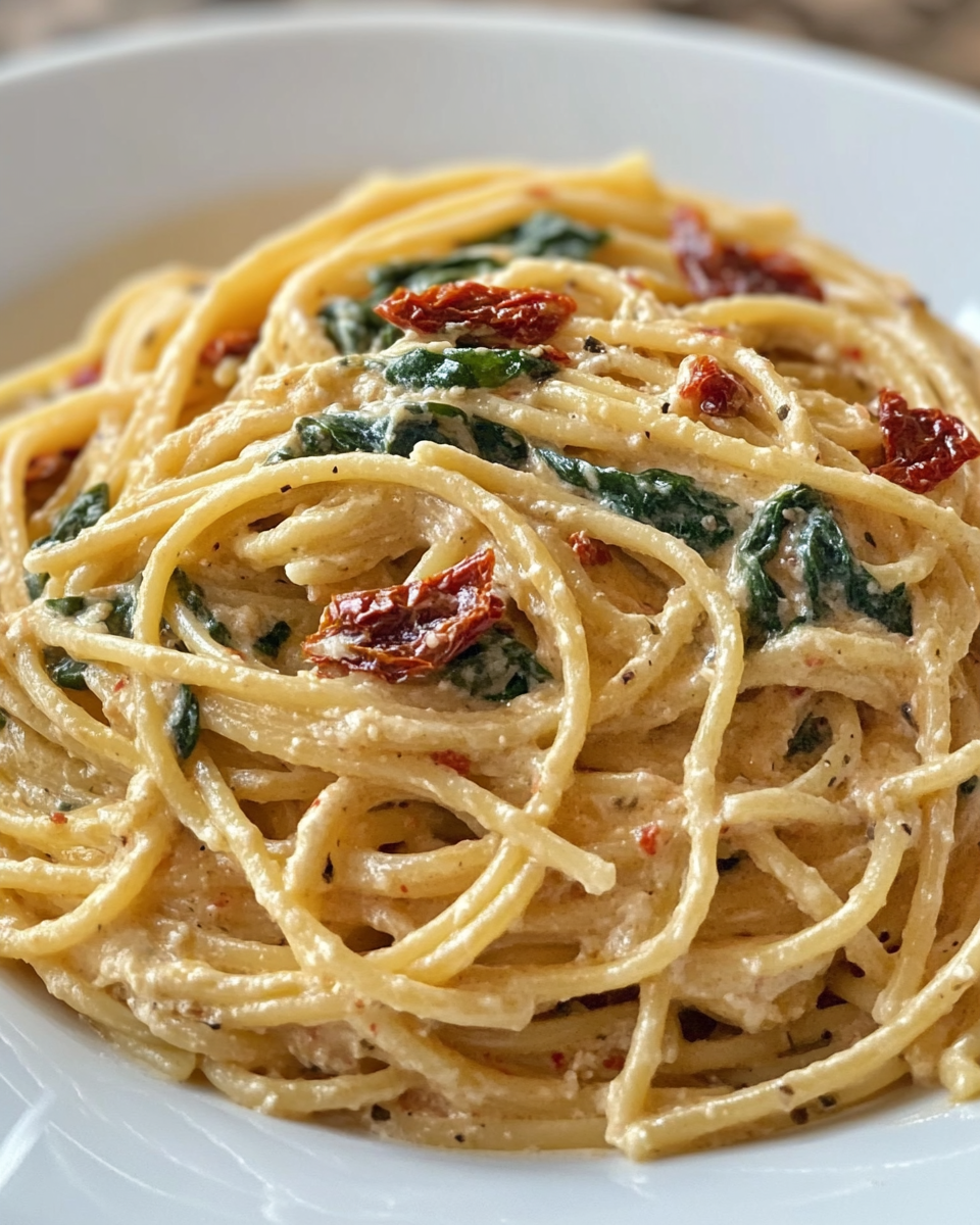 Ingredients laid out for spaghetti spinach with sun-dried tomato cream sauce