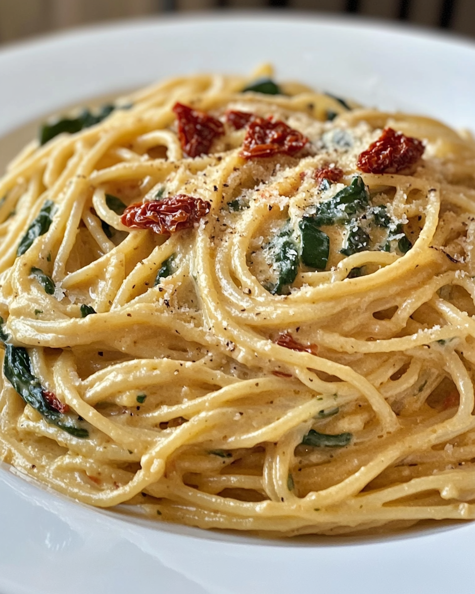 Prepared spaghetti with spinach and sun-dried tomato cream sauce served and ready to eat