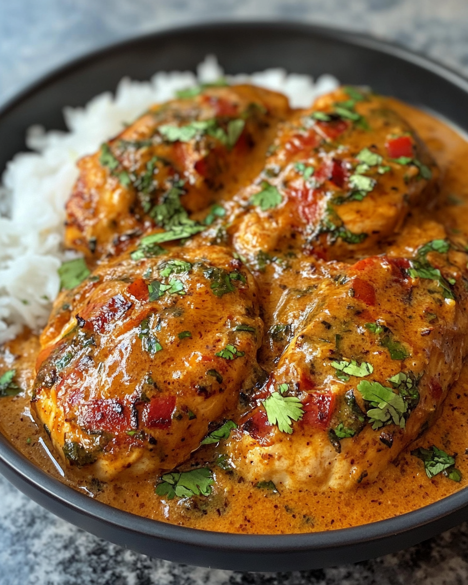 Close-up of spicy Brazilian coconut chicken plated