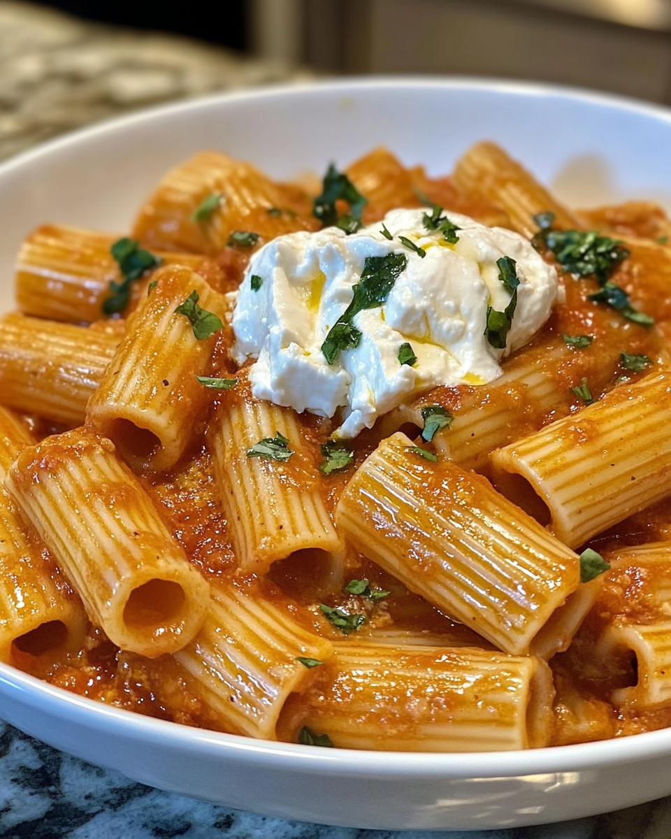 Steaming rigatoni in a pressure cooker with spicy tomato cream sauce