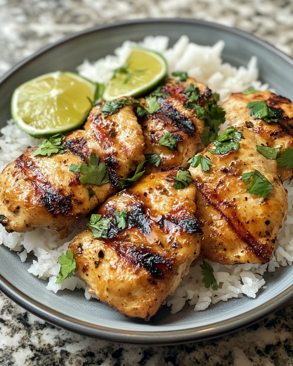 Plating spicy maple chicken on coconut rice with garnishes
