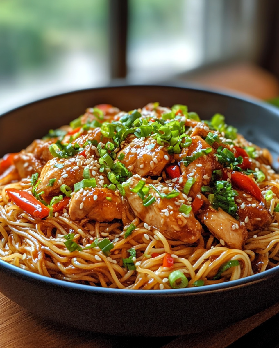 Ingredients laid out for sticky garlic chicken noodles