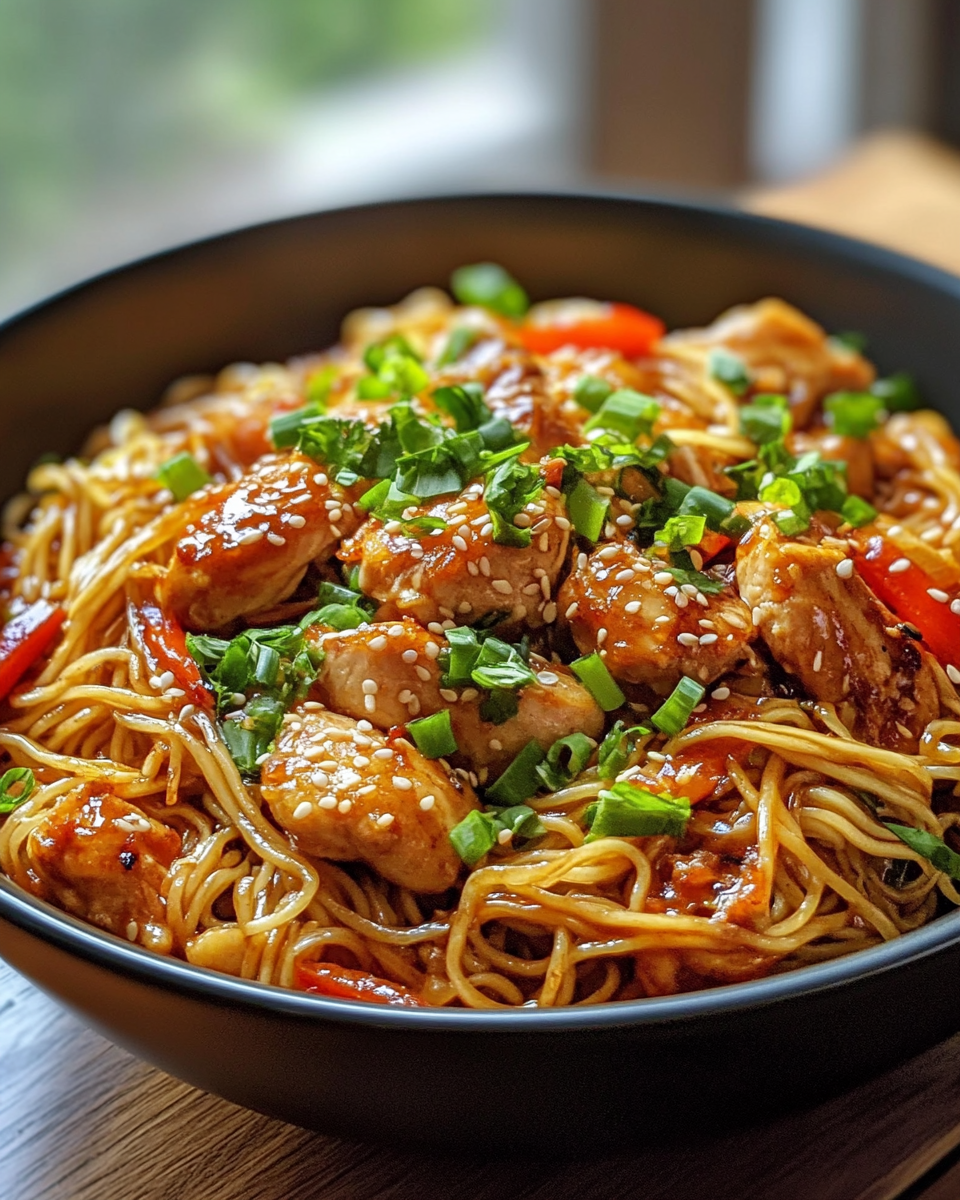 Finished sticky garlic chicken noodles with garnishes