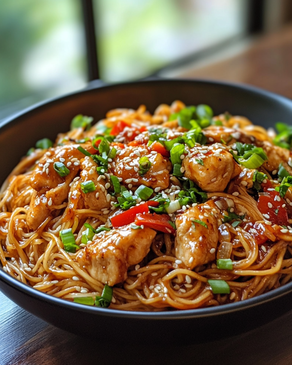 Sticky garlic chicken noodles close-up