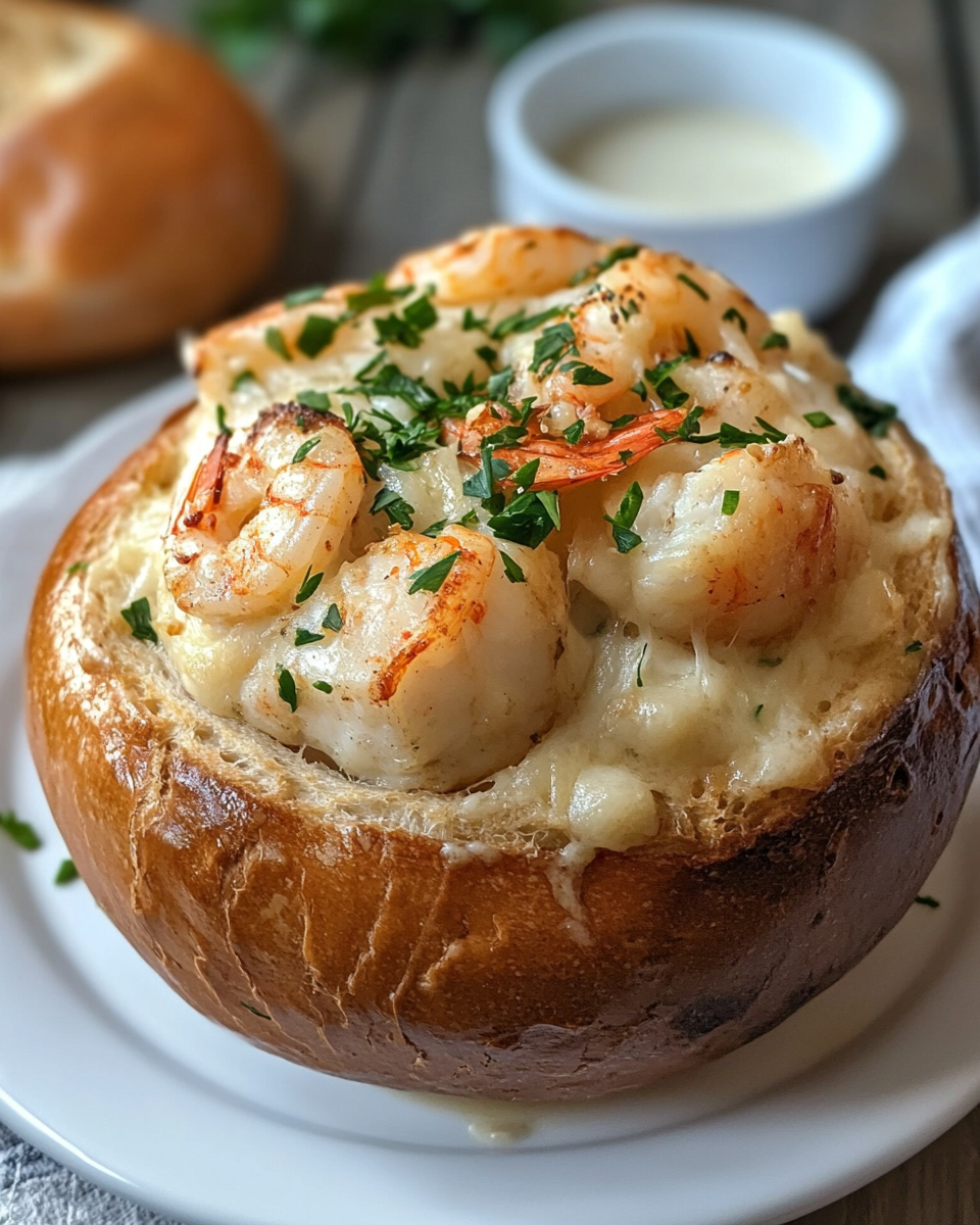 Seafood stew preparation in bread bowls