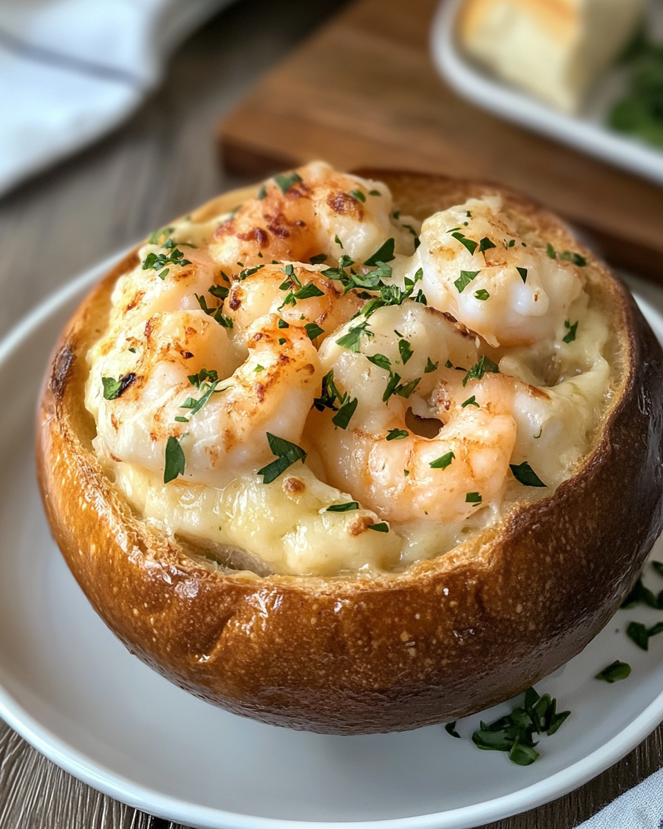Finished seafood stew in bread bowl garnished with parsley