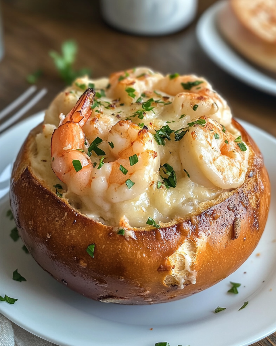 Seafood stew in a bread bowl