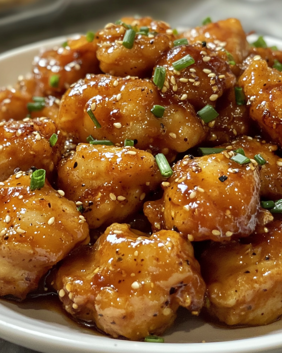 Serving suggestion of honey pepper chicken with rice and scallions