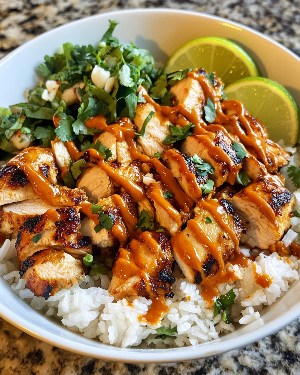 Layered sweet chili chicken bowl with coconut lime drizzle