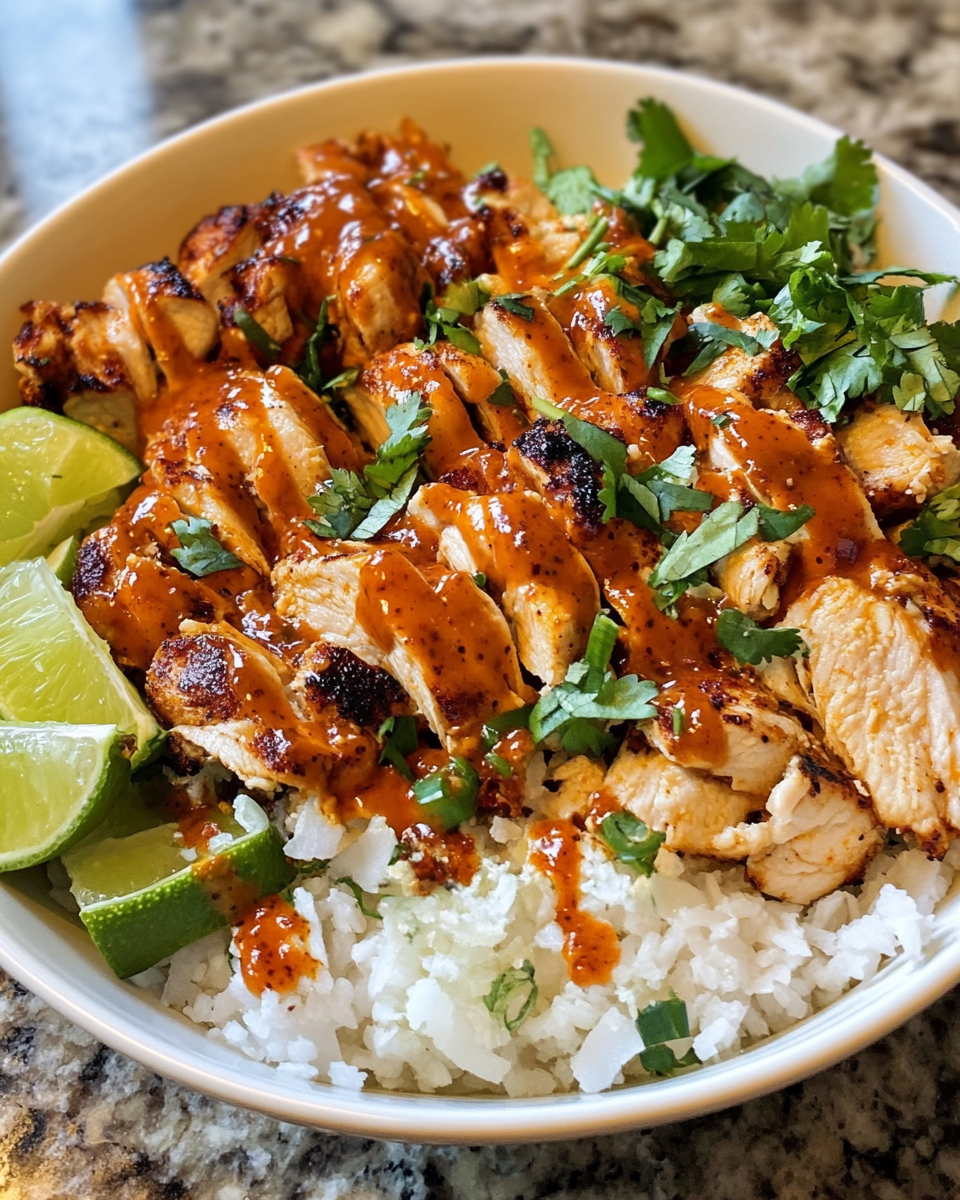 Close up of sweet chili chicken bowl with coconut lime drizzle
