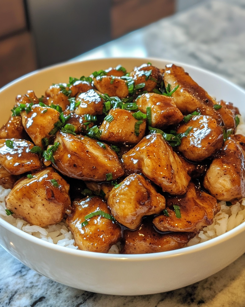 Sweet sticky pineapple bourbon chicken in a skillet