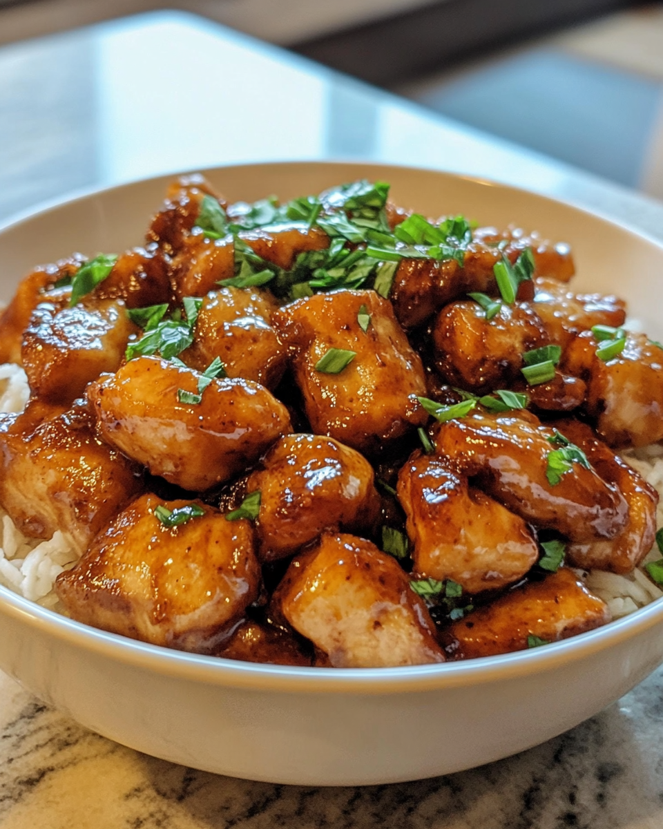 Finished pineapple bourbon chicken on a serving plate