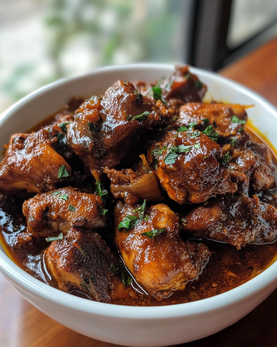 Brown stew chicken served with sides