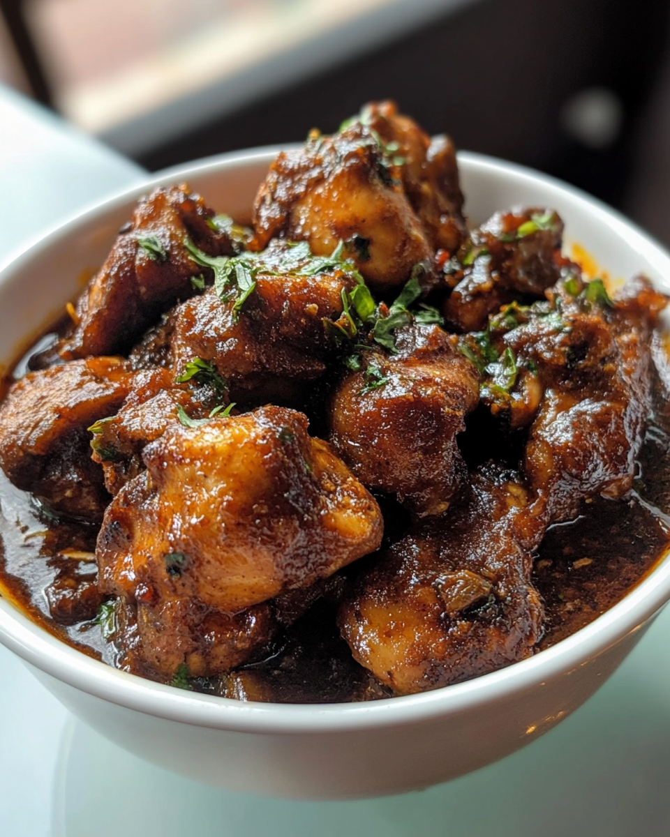 Freshly served brown stew chicken