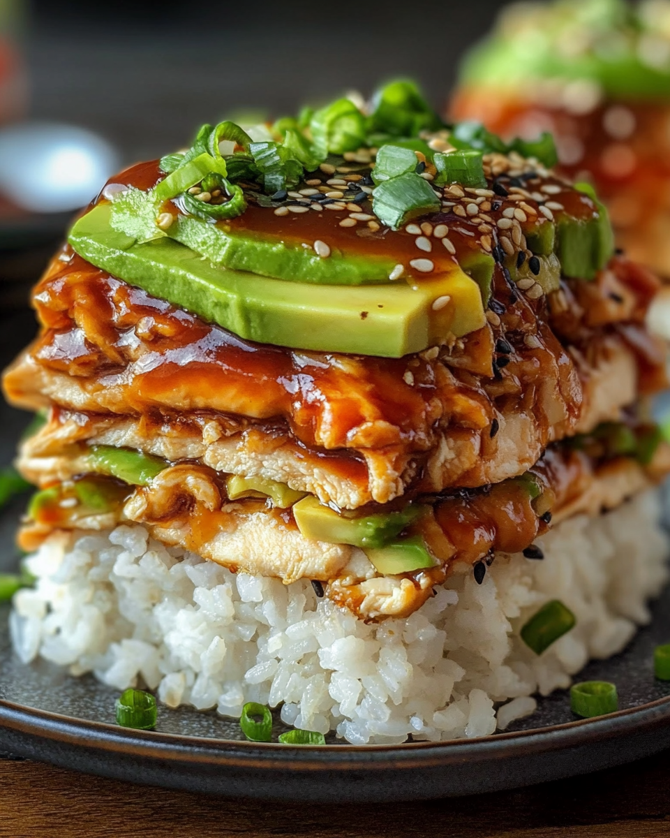 Teriyaki chicken bowl with avocado and rice prepared and ready to eat