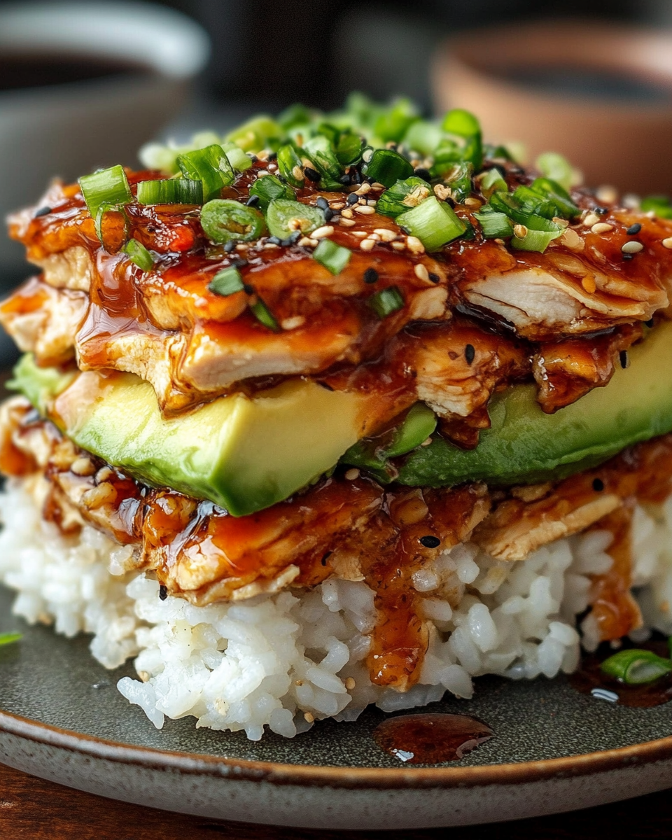 Close up of teriyaki chicken with avocado and rice