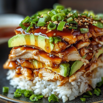 Teriyaki Chicken with Avocado and Rice Stack Layers - My Homemade Recipe taken with iphone 15 pro max --iw 2 --ar 4:5 --v 6.1 --raw
