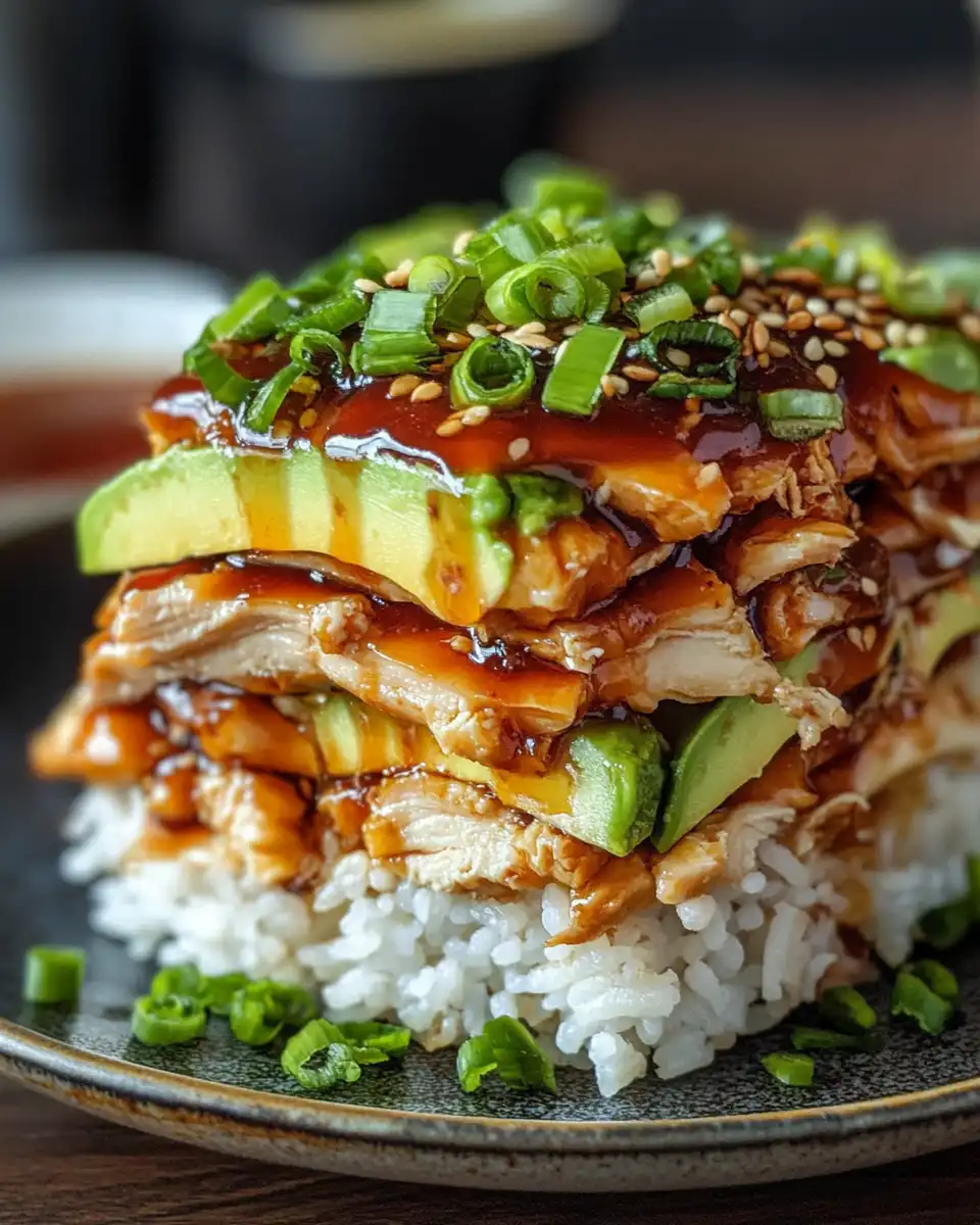 Teriyaki chicken with avocado and rice stack layers