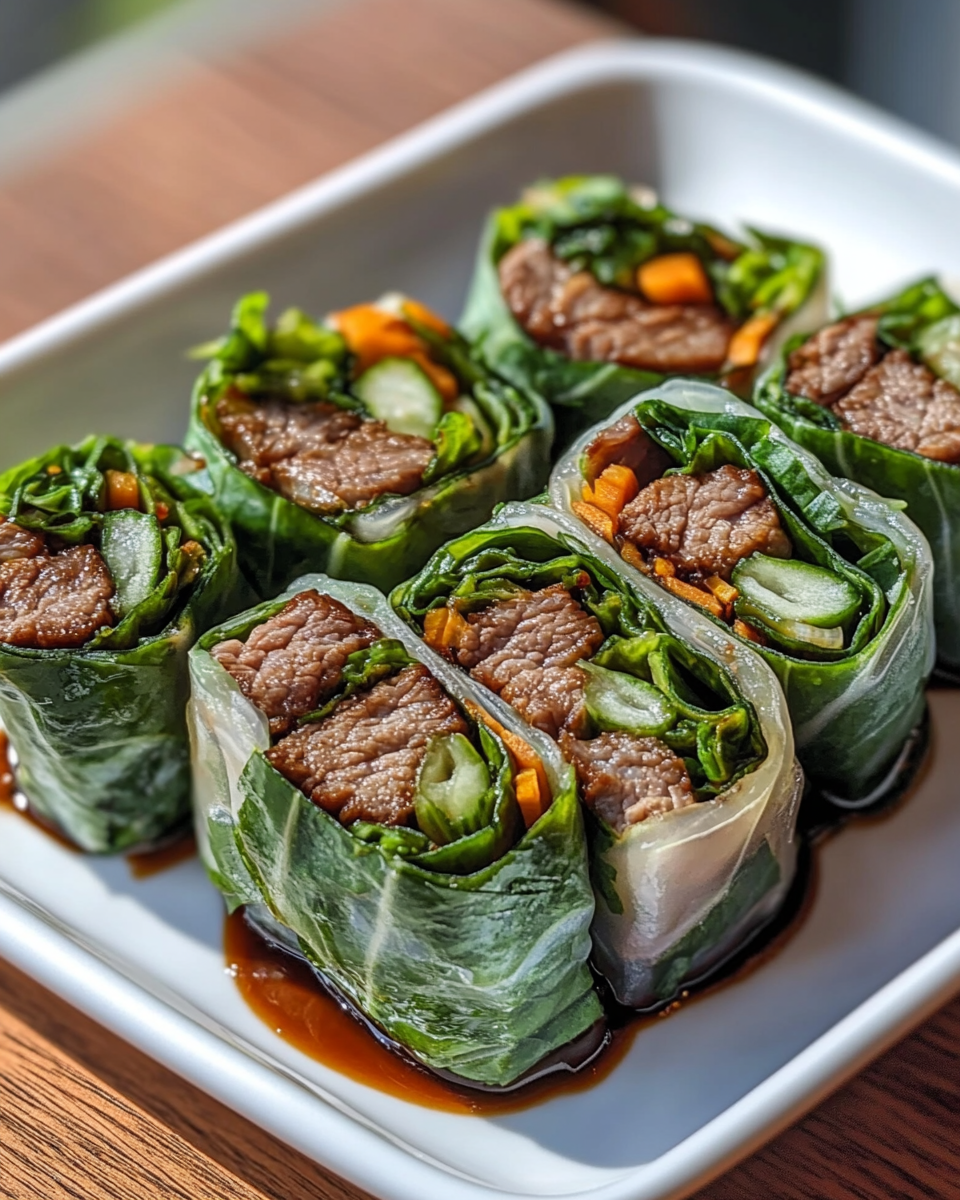 Fresh Thai basil beef rolls on a white plate