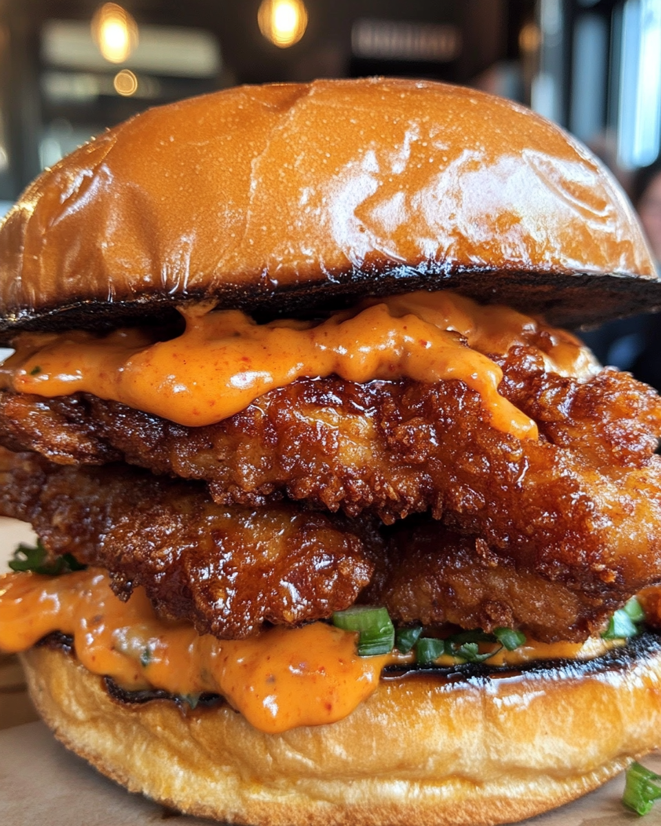 Thai Fried Chicken Sandwich on a brioche bun with fresh greens
