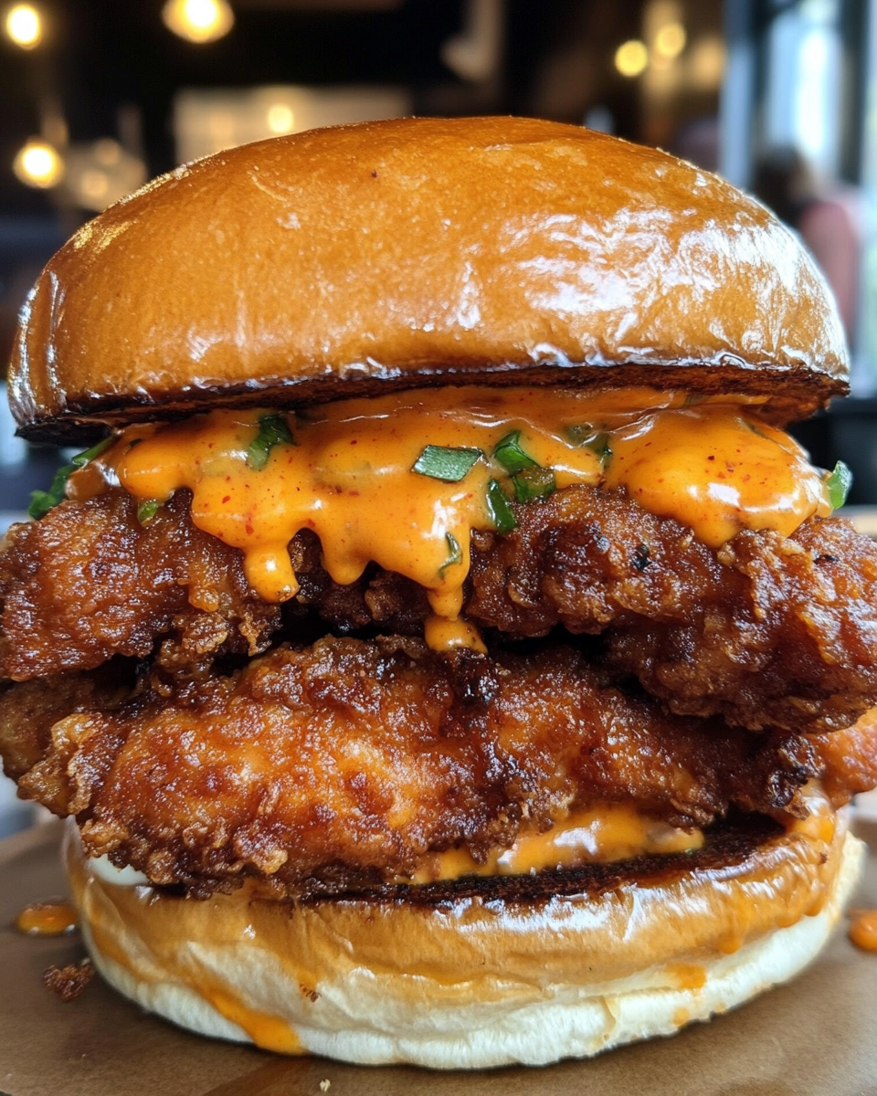 Hands preparing Thai fried chicken sandwich with sauce and toppings