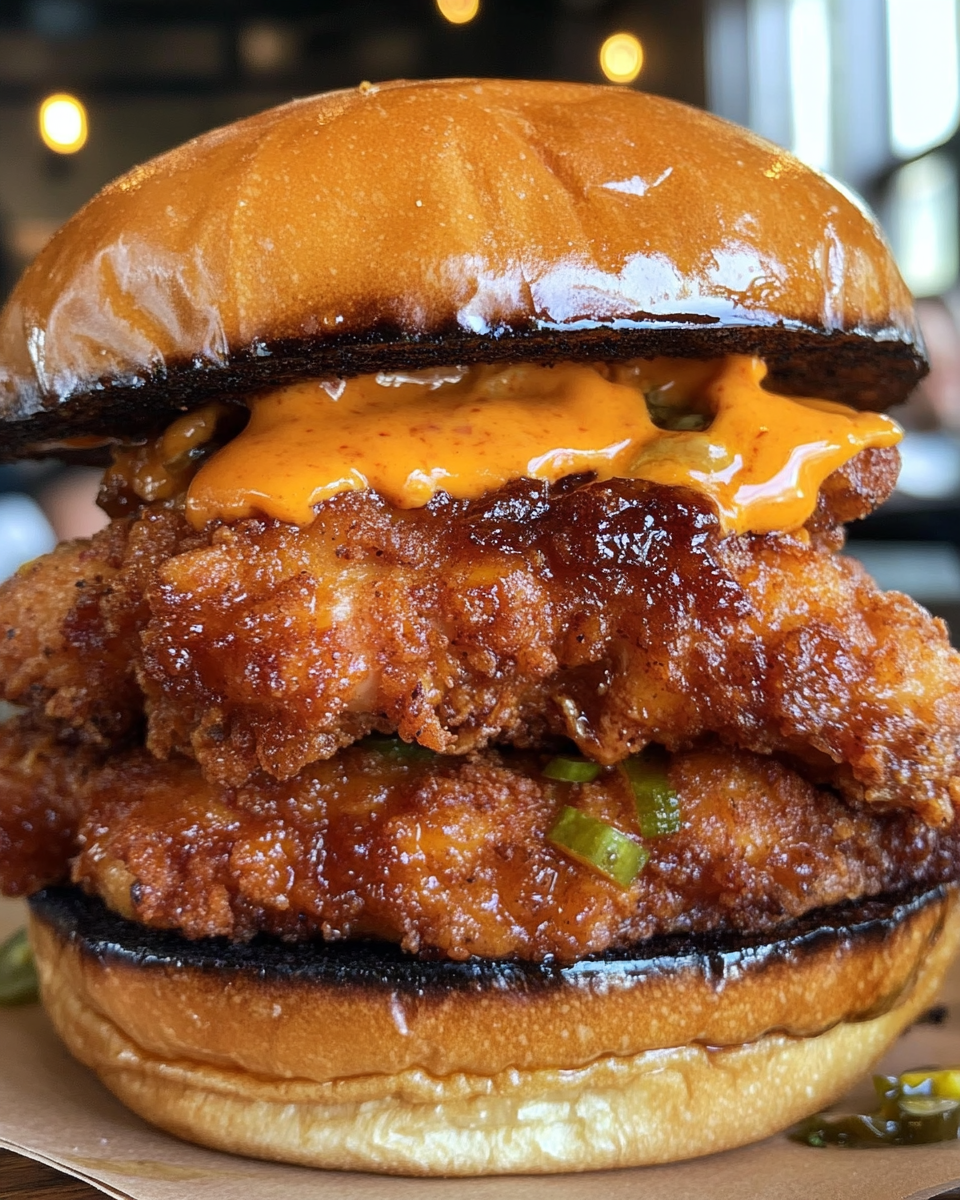 Close-up of crispy Thai fried chicken sandwich with sauce and fresh cilantro