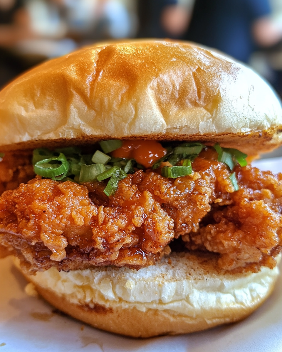 Thai fried chicken sandwich close-up shot with iphone 15 pro max camera