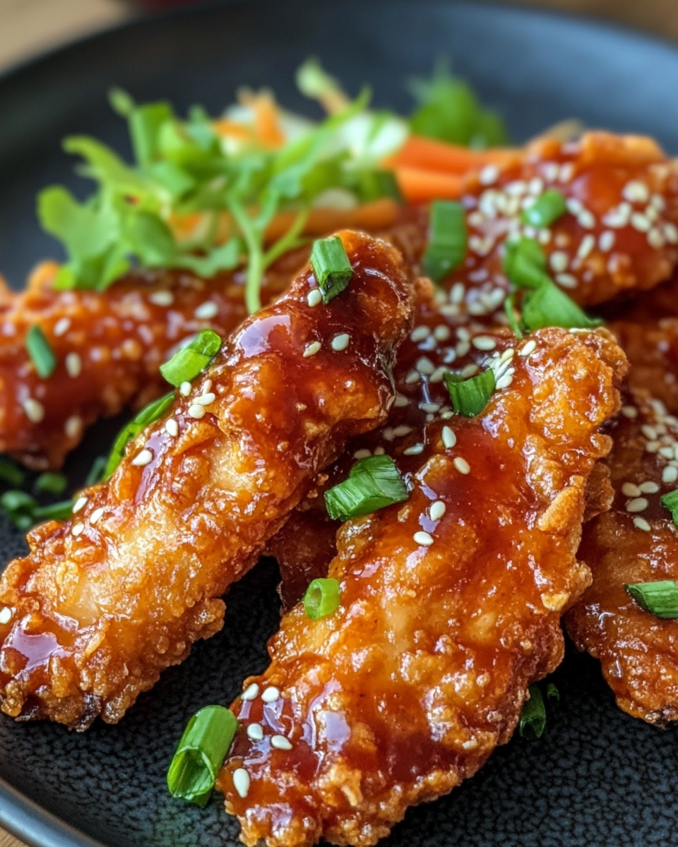 Sauce in bowl and chicken fingers plated
