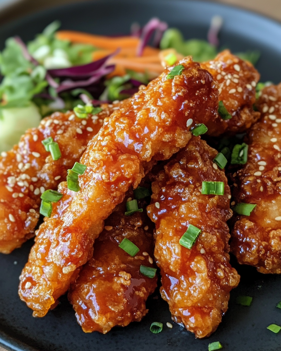 Closeup of chicken fingers with garnish