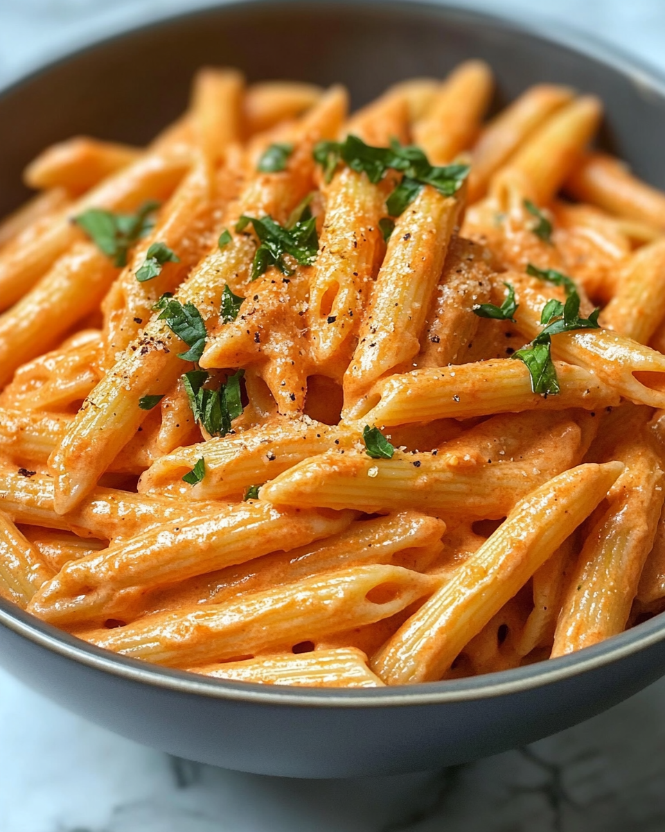 Creamy garlic tomato pasta in a bowl, cooked with shrimp and orzo