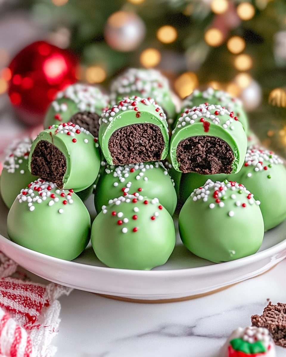 Close up of finished Grinch Oreo truffles with candy heart decoration