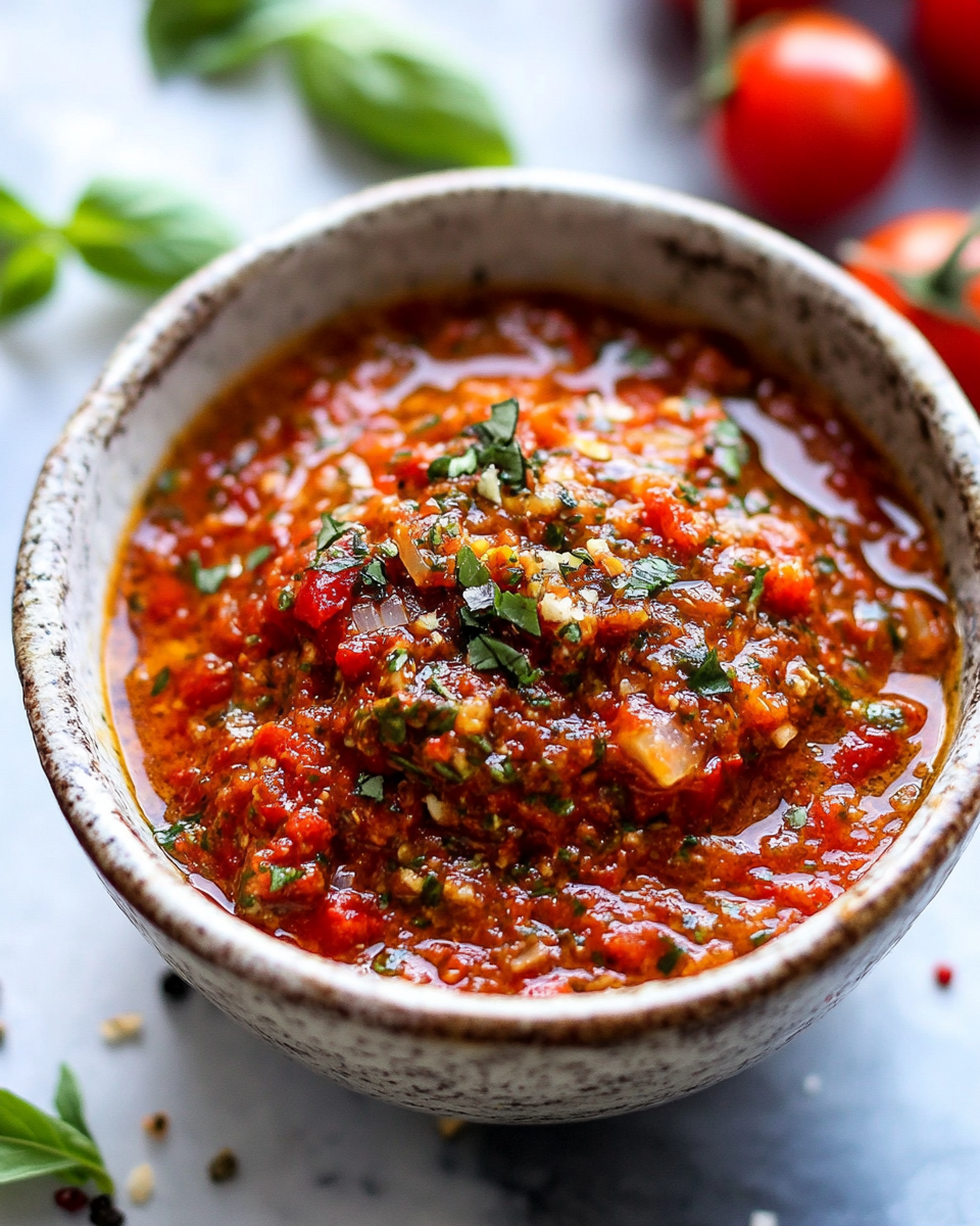 Creamy Sicilian pesto in a bowl with fresh ingredients