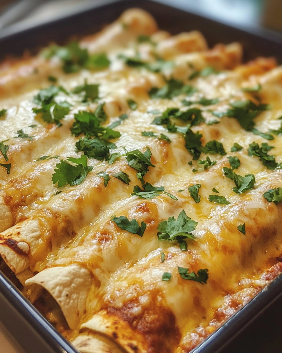 Baked chicken enchiladas with melted cheese in casserole dish