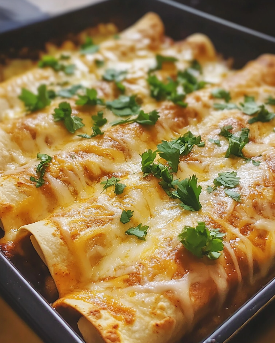 Close up of cheesy chicken enchiladas topped with cilantro